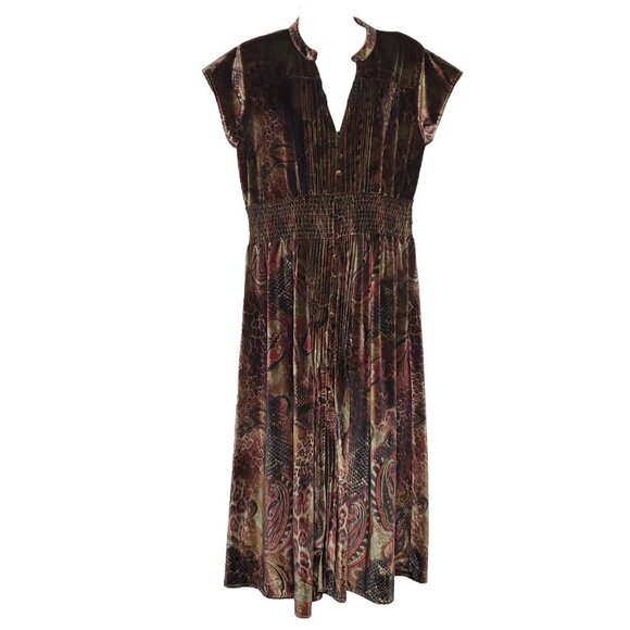 POL Dress M Brown Black Red Smocked Paisley Animal Fairy Grunge Velour Velvet - Picture 1 of 7